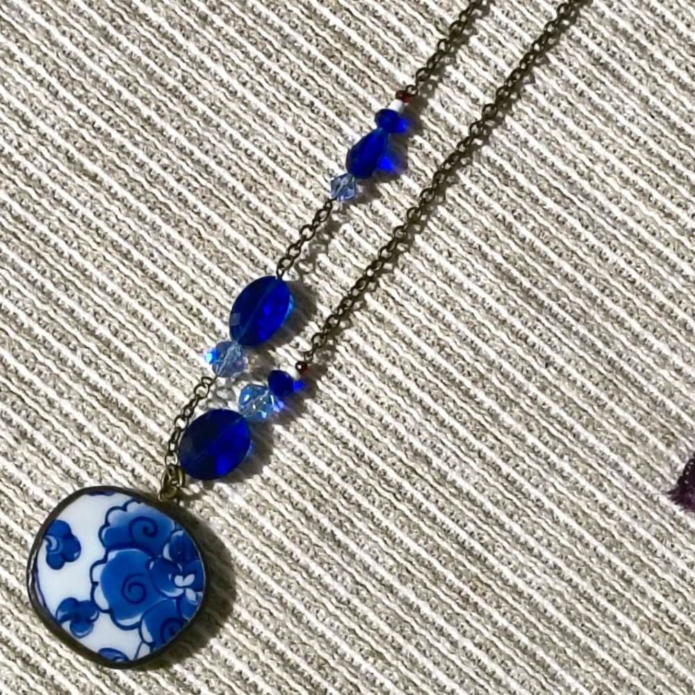 Porcelain Blue Flower Pendant Necklace
